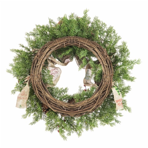 Glitzhome 24 Inch Diameter Cypress Leaves Pinecone With Bowknot Ribbon Wreath Perspective: top