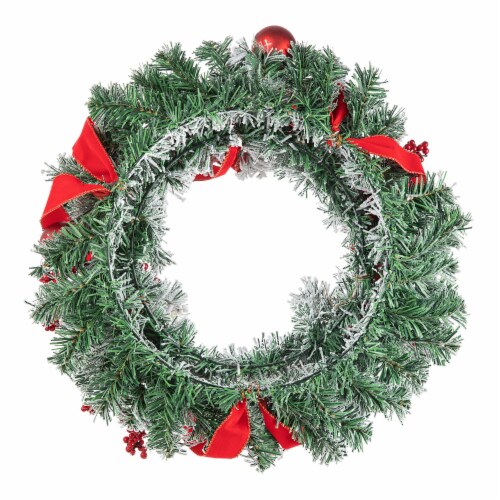 Glitzhome 24 Inch Diameter Flocked Berry, Pinecone Ribbon Wreath Perspective: top