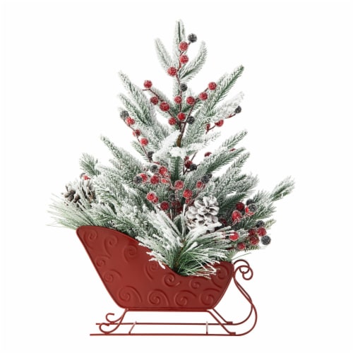 Glitzhome 21 Inch Tall Christmas Red Sleigh Frosted Floral Centerpiece Perspective: top