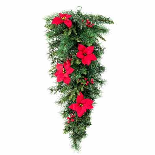 Glitzhome 3 Feet Pine Poinsettia and Berries Christmas Teardrop Swag, 50 Warm White Lights Perspective: top