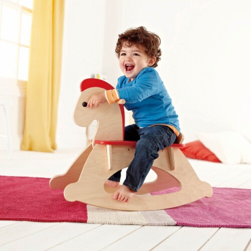 Hape Rock and Ride Kids Wooden Toy Rocking Horse with Handles for Toddler Riders Perspective: top