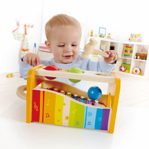 Hape Kids Wooden Musical Instrument Rainbow Pound and Tap Bench with Xylophone 1 Piece QFC