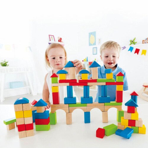 Hape Kid's Toddler 100 Piece Stacking Build Up and Away Wooden Blocks Toy Set Perspective: top