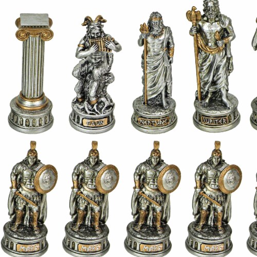 Bronze and Silver Finish Greek / Roman Gods Pantheon Chessmen Set Chess Pieces Perspective: top