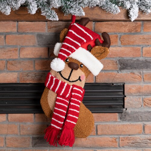 Glitzhome 19 Inch Length Hooked Stocking, 3D Reindeer Perspective: top