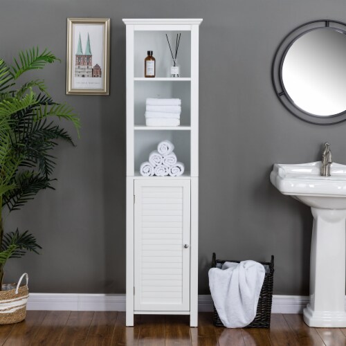 Glitzhome 65.55 Inch White Bathroom Free Standing Cabinet with 3-Shelf and 1 Shutter Door Perspective: top