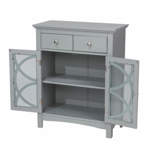 Glitzhome 32 Inch Tall Wood Textured Floor Storage Cabinet with Double Drawers, Gray Perspective: top