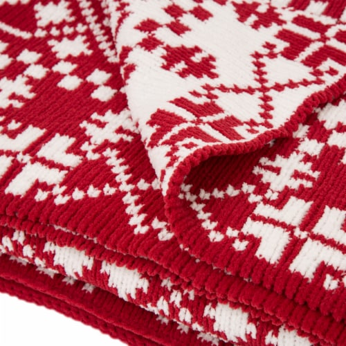 Glitzhome Knitted Snowflake Polyester Throw Blanket - Red/White Perspective: top