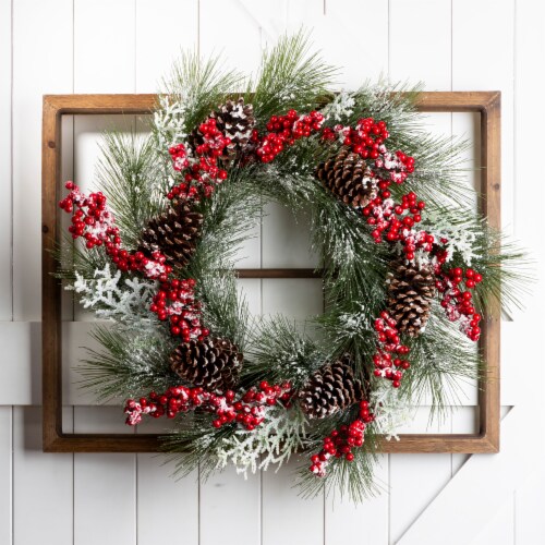 Glitzhome Flocked Pinecone & Berry Wreath Wooden Window Frame Perspective: top