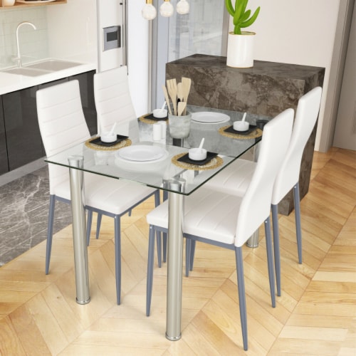 5 Piece Table Chair Dining Set Glass Metal Kitchen Furniture Perspective: top