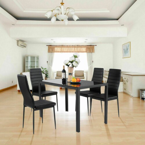 5 Piece Kitchen Dining Set Glass Metal Table and 4 Chairs Breakfast Furniture Perspective: top