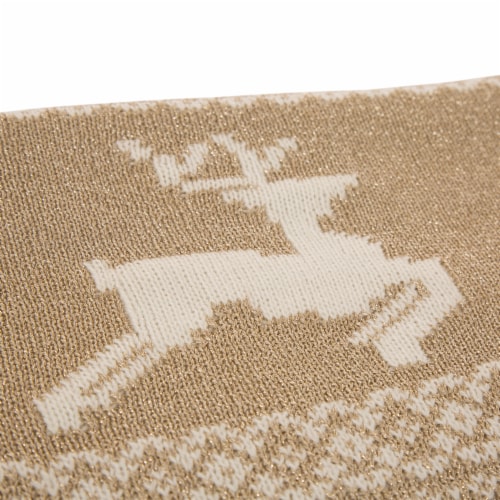 Glitzhome Knitted Beige Gold Lurex Throw Blanket with Tassels Perspective: top