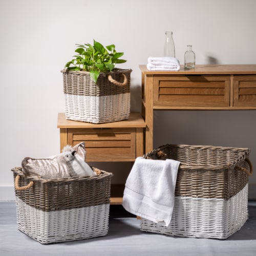 Glitzhome Square Willow Baskets with Rope Handles - Natural/White Perspective: top
