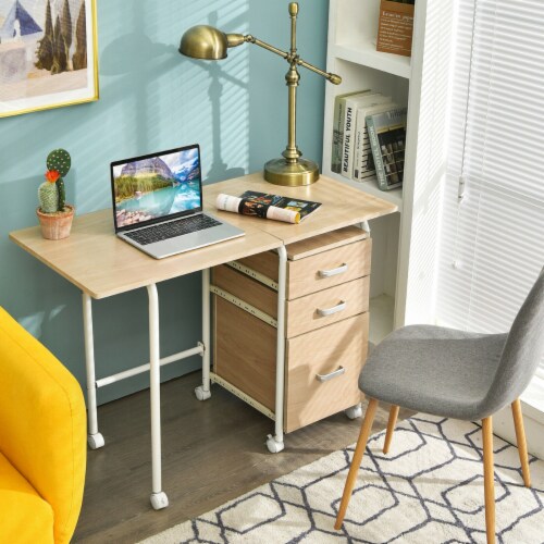 Folding Computer Laptop Desk Wheeled Home Office Furniture With 3 Drawers Perspective: top