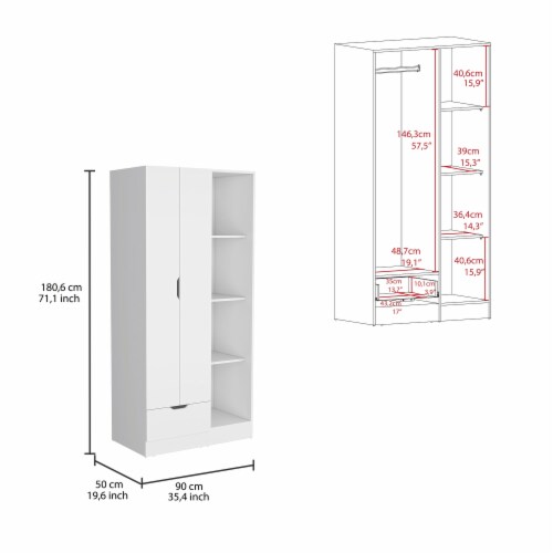 Memphis Wardrobe Armoire With 4-Tier Storage Shelves And 1 Drawer-White -Bedroom Perspective: top