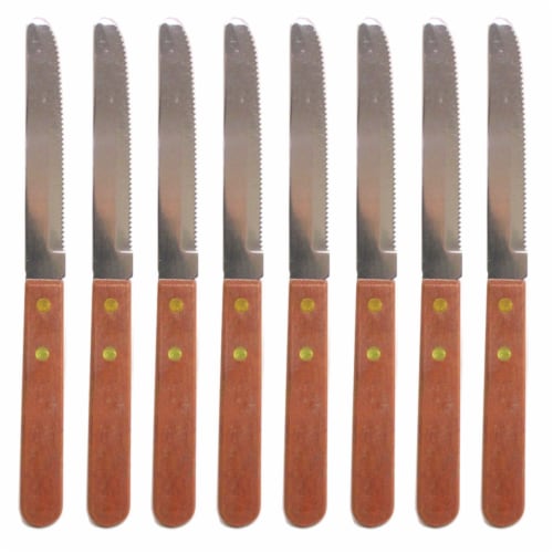 8 Steak Knife Serrated Edge Steel Wooden Knives Stainless Steel Cutlery Utensil Perspective: top