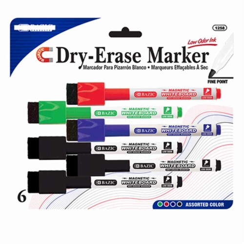 6 Pc Dry Erase Whiteboard Markers Assorted Colors Eraser Office School Low Odor Perspective: top
