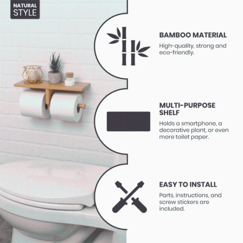 Bamboo Double Dual Toilet Paper Holder with Shelf Perspective: top