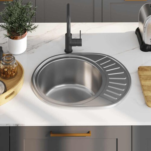vidaXL Kitchen Sink, Drop-in Sink, Single Bowl, Ø22.4 Inches Stainless Steel Perspective: top