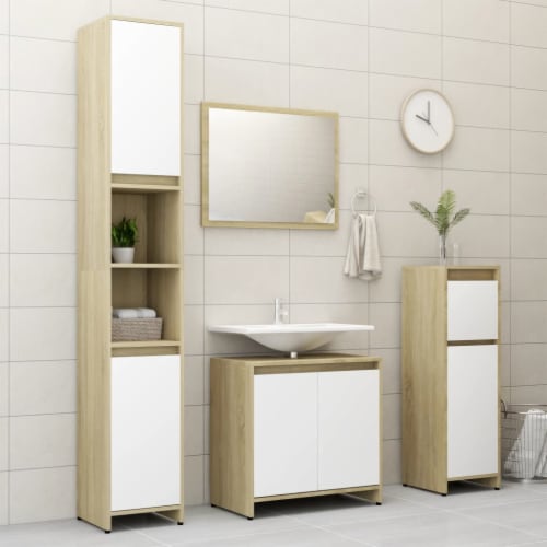 vidaXL 3 Piece Bathroom Furniture Set White and Sonoma Oak Engineered Wood Perspective: top