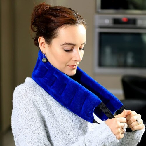 Heating Pad Microwavable Neck Wrap - Reusable Flaxseed Hot and Cold Packs – Blue Perspective: top