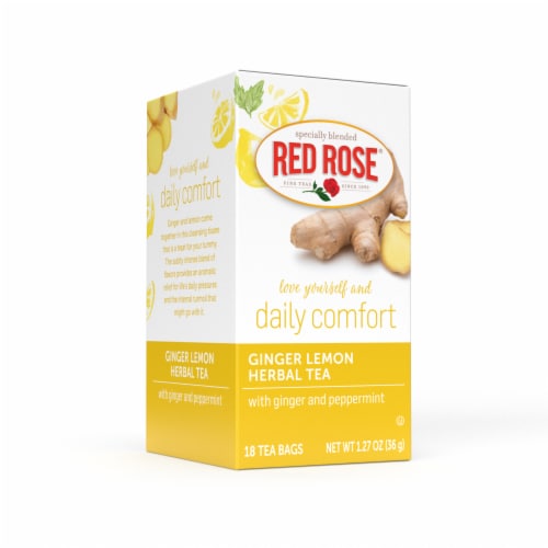 Red Rose Blossoms Ginger Lemon Herbal Tea with 18 Tea Bags Per Box (Pack of 6) Perspective: top