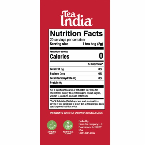 Tea India Premium Red Box Cardamom Chai Tea with 20 Individually Wrapped Teabags Perspective: top