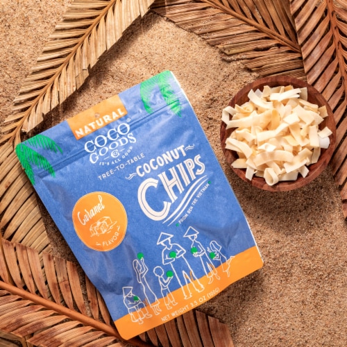 CocoGoods Natural Toasted Coconut Chips Caramel 3.5 oz, Zip lock Bag Perspective: top