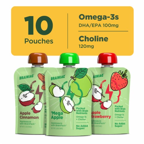 Brainiac Omega-3 Smart Applesauce Variety Pack, No Added Sugar, 10 Count Perspective: top