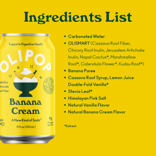 Olipop Soda Pop, Banana Cream, Prebiotics, Botancials, Plant Fiber, 12 Fl Oz, 12 Ct Perspective: top