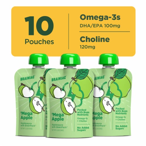 Brainiac Omega-3 Smart Squeezer Applesauce, No Added Sugar, Vitamin C, Apple, 10 Count Perspective: top