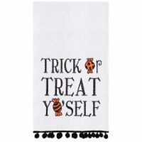 Treat Yo'self Halloween Embroidered Flour Sack Cotton Kitchen Towel with Pom Poms