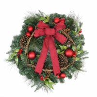 Northlight Red Berries and Ball Ornaments Artificial Christmas Wreath with Ribbon - 24-Inch,