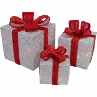 Northlight Set of 3 Silver Tinsel Lighted Gift Boxes with Red Bows Outdoor Christmas