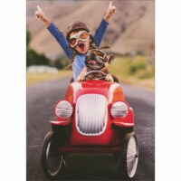 Avanti Girl with Raised Arms and Dog Driving Red Go Cart Graduation Card Perspective: Main