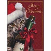 Avanti Press Gray Cat in Santa Hat Licking Lips with Wine Bottle Box of 10 Christmas Cards