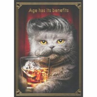 Avanti Gray Cat with Mustache and Curling Hairdo Holding Drink Funny Birthday Card for Man Perspective: Main