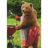 Bear in Striped Apron and Red Shorts Grilling Burgers Funny / Humorous Birthday Card Perspective: Main