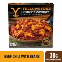 Yellowstone Jimmy’s Cowboy Chili with Beans Slow-cooked Seasoned Beef Topped with Cheddar Cheese Perspective: Main