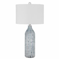 30 Inch Glass Table Lamp, Striped Bottle Base, Dimmer, Blue- Saltoro Sherpi