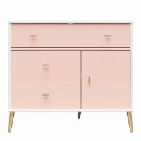 Valentina Asymmetrical 3 Drawer / 1 Door Convertible Dresser, White and Pink
