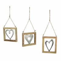 Set of 3 Wood Framed Open Work Metal Heart Wall Hangings W/ Rope Hangers