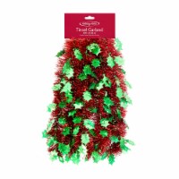 Holiday Home Green Holly Leaves and Red Tinsel Garland Perspective: Main