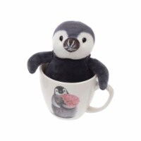 Avanti Penguin Holding Flowers Mug with Plush Penguin - Black/White/Pink Perspective: Main