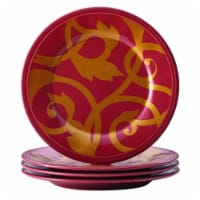 Rachael Ray Dinnerware Gold Scroll 4-Piece Round Appetizer Plate Set, Cranberry Red