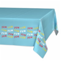 American Greetings Plastic Table Cover - Blue With Colorful "Yum" Perspective: Main