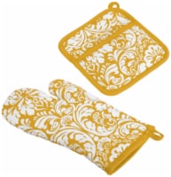 DII Mustard Damask Oven Mitt & Potholder Set