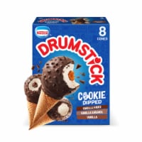 Drumstick Cookie Dipped Vanilla Fudge/Vanilla Caramel/Vanilla Frozen Dairy Dessert Cones Perspective: Main
