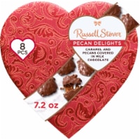 RUSSELL STOVER Valentine's Day Satin Heart Pecan Delights Milk Chocolate Candy Gift Box Perspective: Main