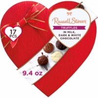RUSSELL STOVER Valentine's Day Fabric Heart Milk, Dark & White Chocolate Truffle Candy Gift Box Perspective: Main